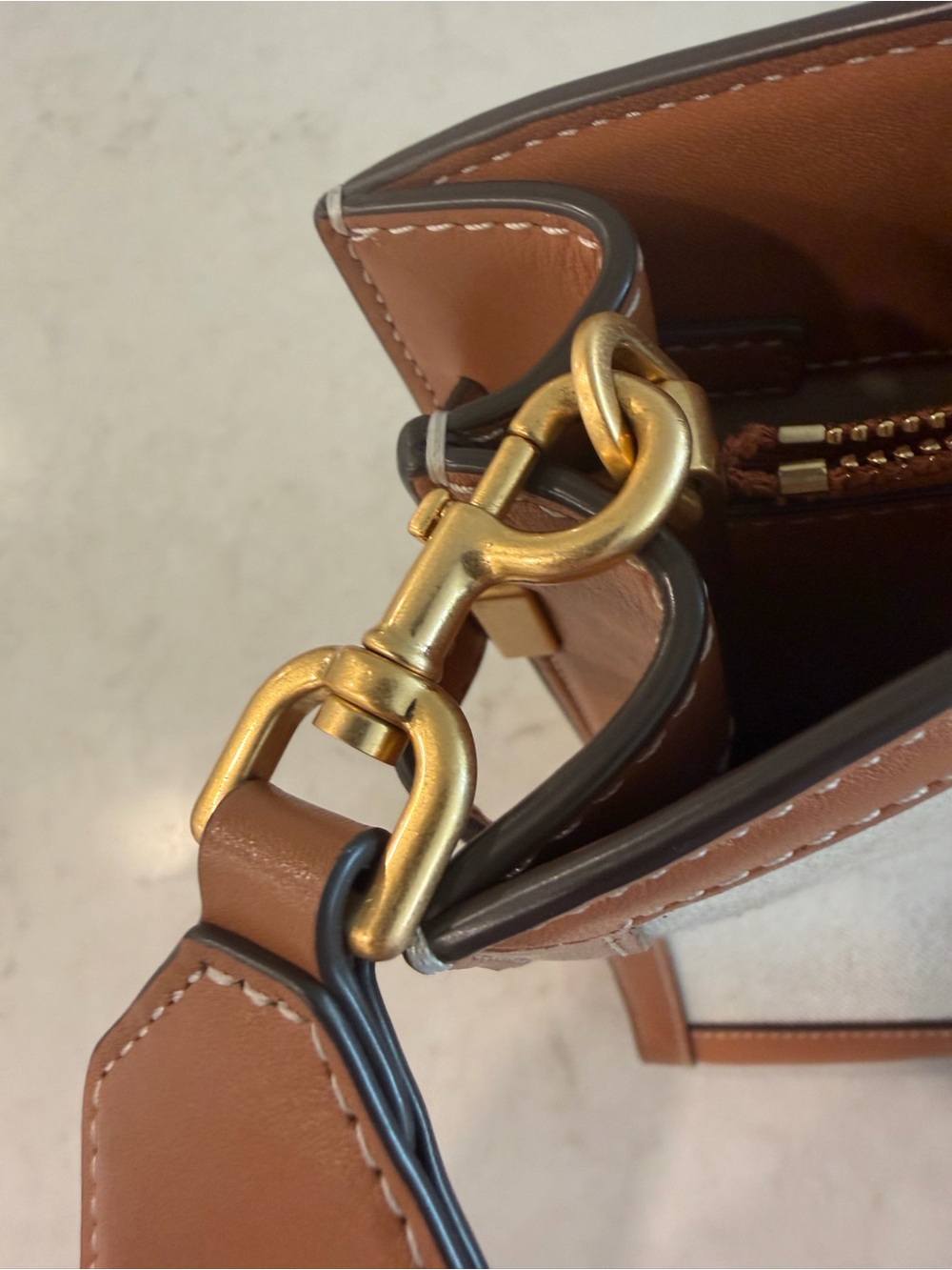 Tory Burch Neutral Canvas Tote with Tan Leather Trim and Striped Strap - Picture 7 of 16